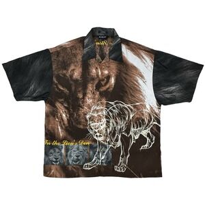 Koman Sport Shirt Mens Large In The Lions Den Graphic Hawaiian Novelty Y2K Retro
